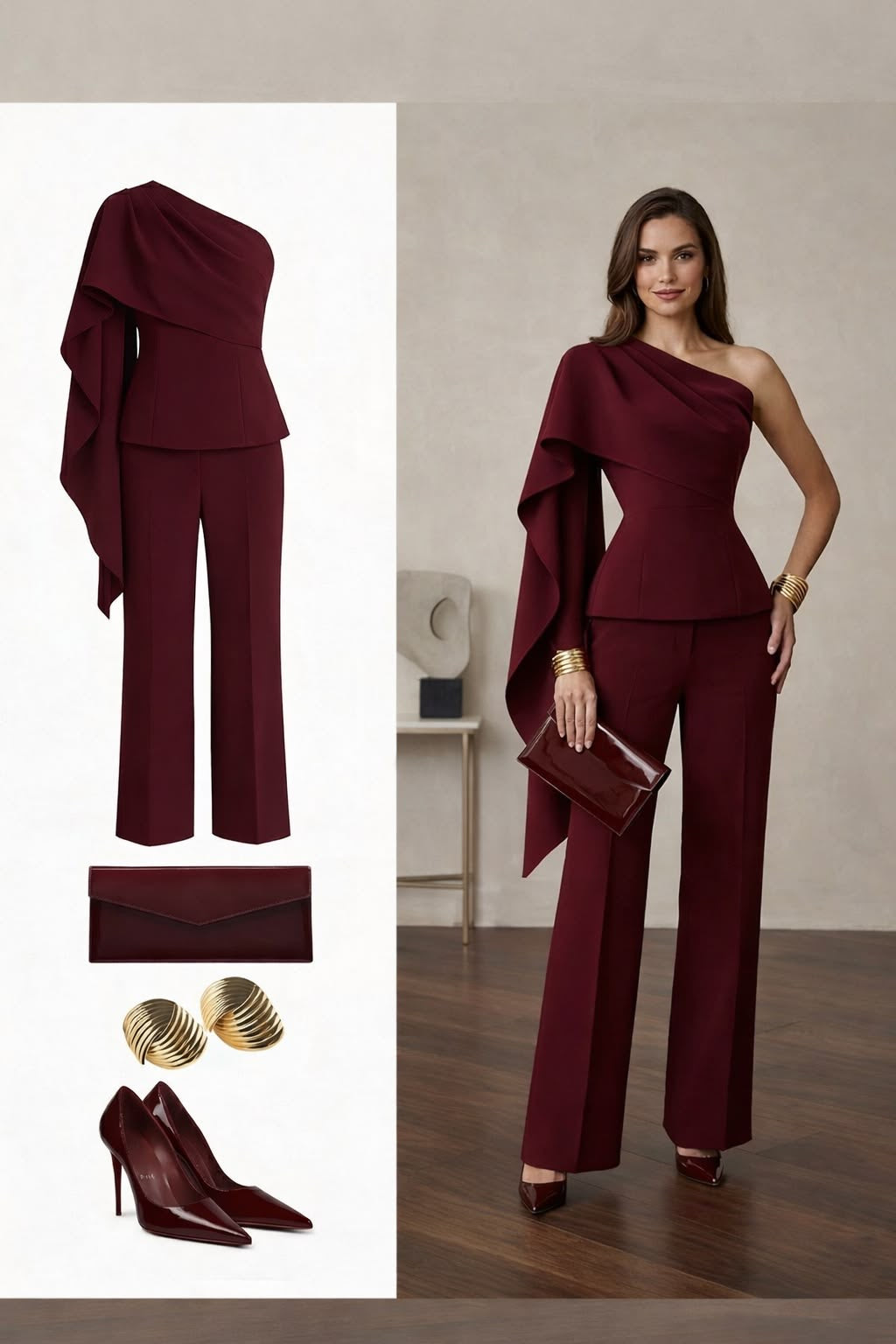 Elegant Burgundy One shoulder Luxury Suit Modern Sophisticated Style